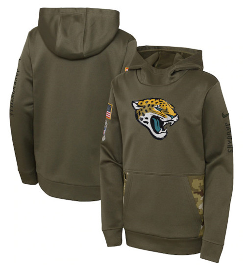 Youth Jacksonville Jaguars 2022 Olive Salute to Service Therma Performance Pullover Hoodie